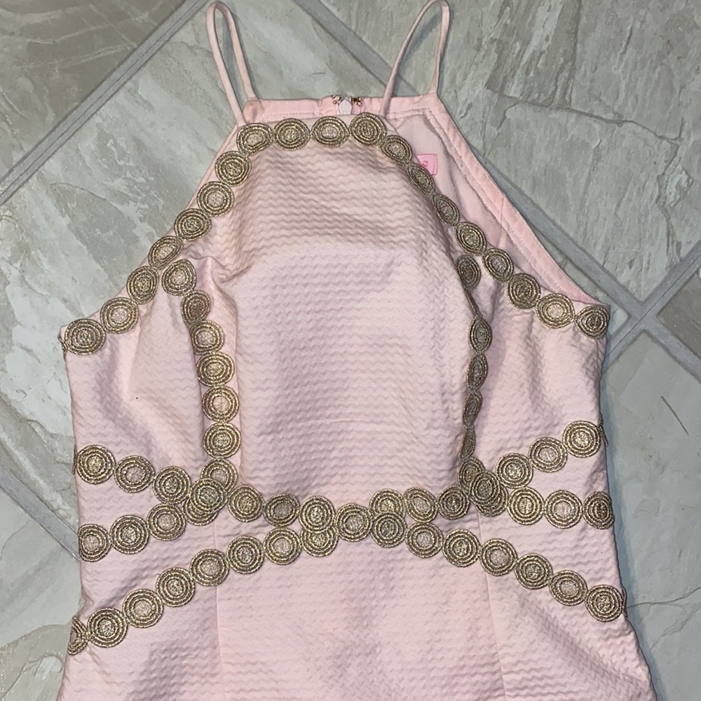 Pearl Shift Dress Paradise Tint Pink Halter Gold Lace - Picture 3 of 7